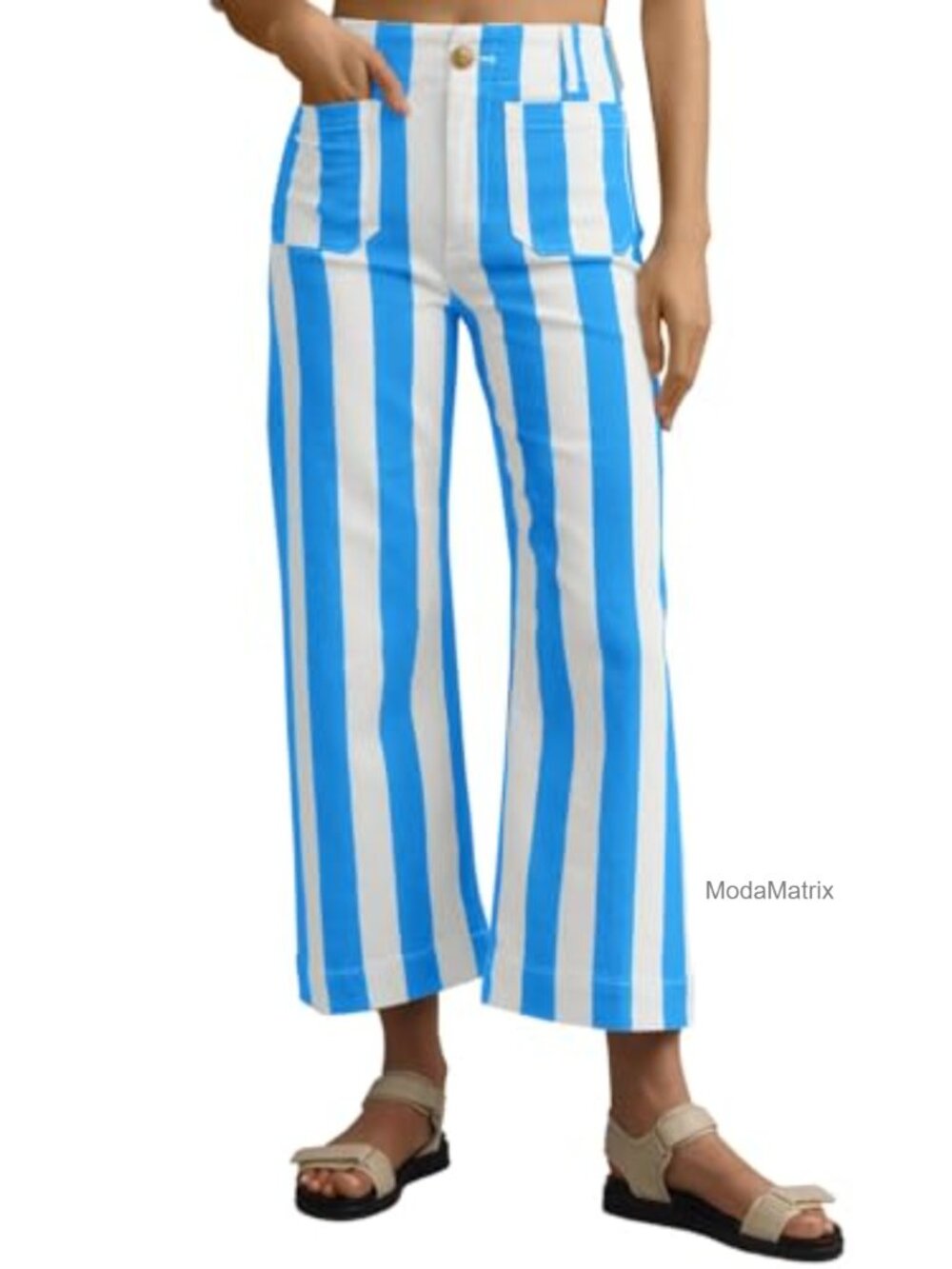 Cropped Striped Jeans, High Waisted Wide Leg Denim Pants, Stretchy Cotton